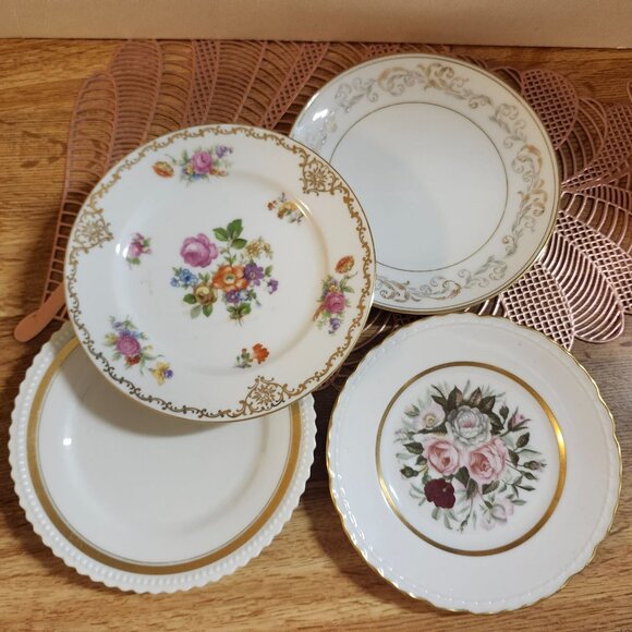4- Mismatched Floral ~6.25" Fine China Dessert Cake Plates Gold Accents Porcelai - Picture 2 of 6